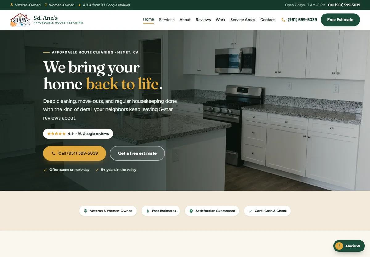 The live Ascend demo, a Sd. Ann's cleaning website by Web Ascension Pro